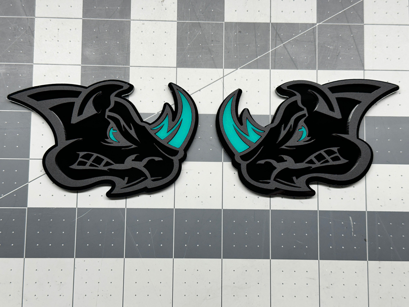 Pair Angry Rhino Lt Blue Horn Black on Black Car Emblem Badge Custom Aggressive