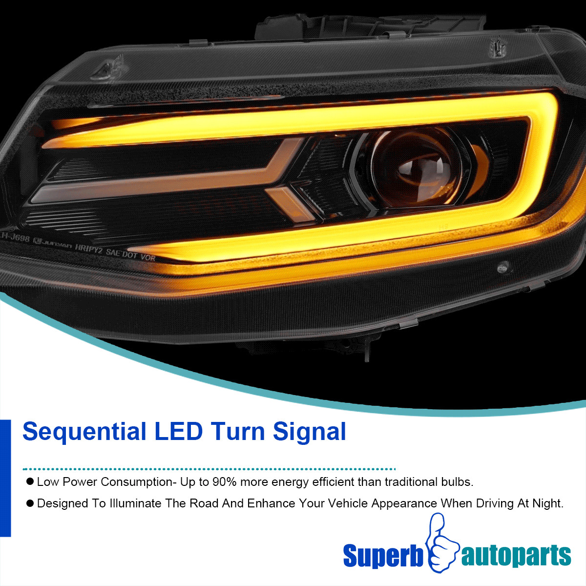 For 2016-2018 Chevy Camaro LED DRL Black Projector Headlights+Sequential Pair