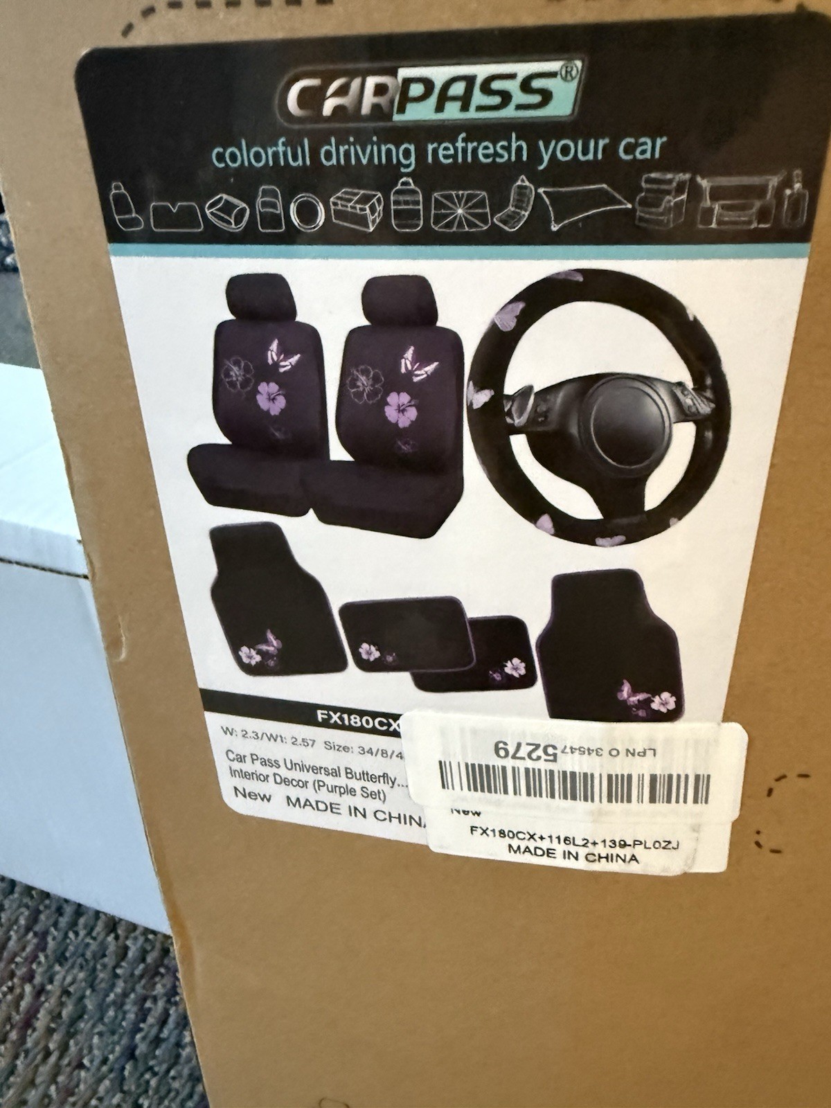 New Black Purple Butterfly, Flowers 2 Seat Covers, Floor Mats & Steering W Cov.