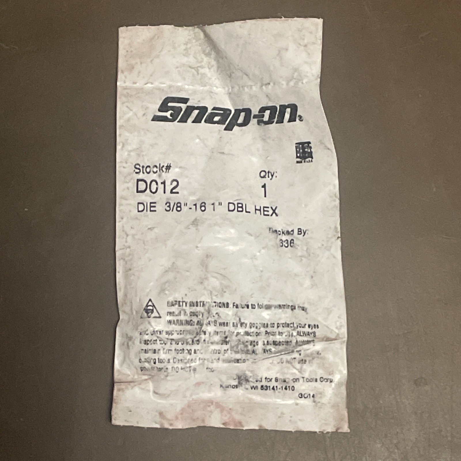 Snap On D012 3/8-16 NF 1” Die Double Hex