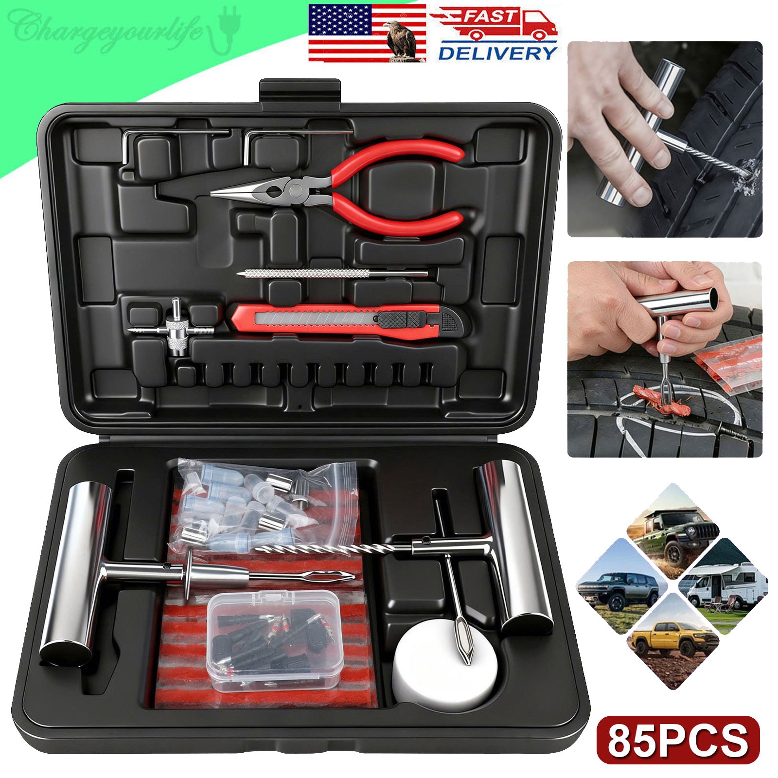 85x Tire Repair Kit Plug Car Truck Motorcycle Home Flat Puncture Patch Tool Set