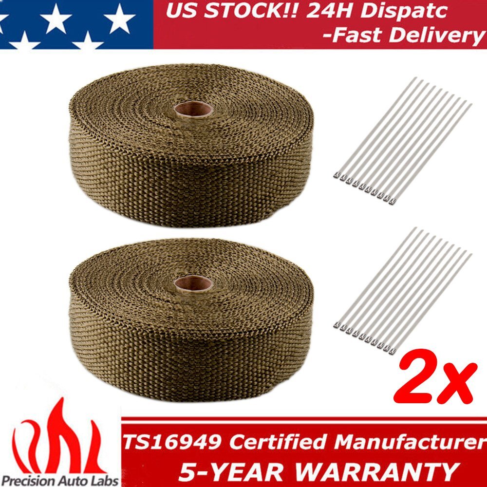 2x Roll 2″x15M 50FT Titanium Exhaust Header Fiberglass Heat Wrap Tape W/ 20 Ties