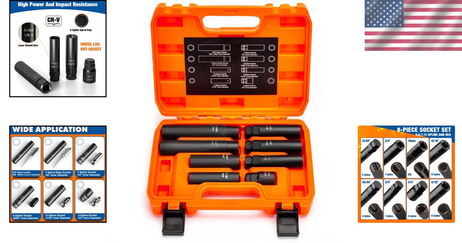Durable Chrome Vanadium 8-Piece Lug Nut Key Set with Anti-Corrosion Coating
