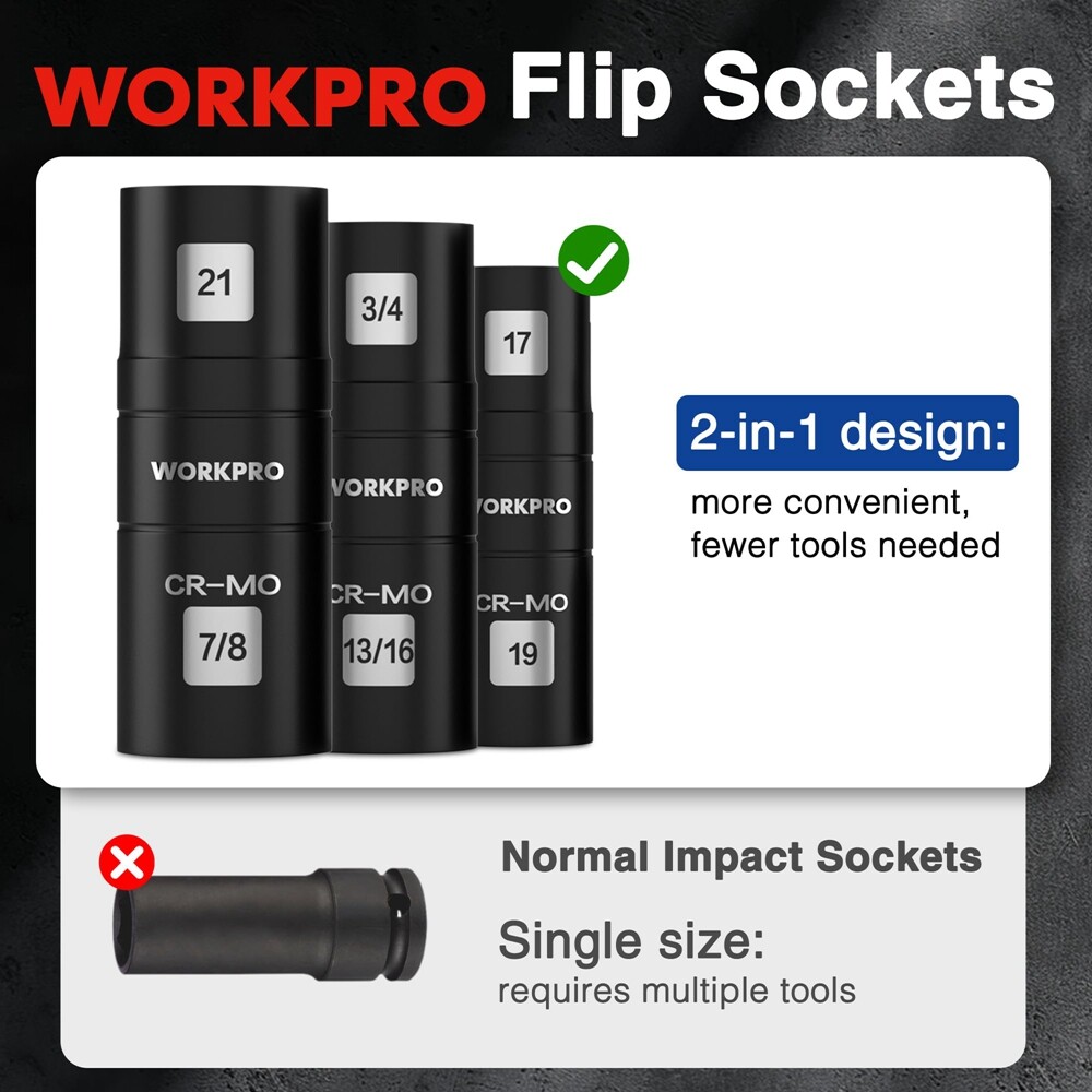 WORKPRO 4PC Impact Socket Set 1/2″ Dr Lug Nut Wheel 3″ Extension Bar Flip Socket