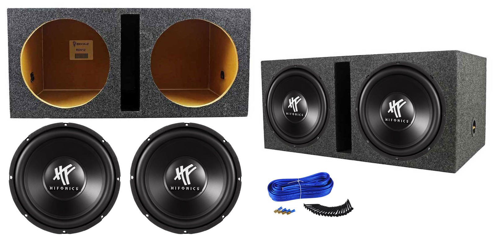 (2) Hifonics HFX12D4 12″ 1600w DVC 4-Ohm Car Subwoofers+Vented Sub Box Enclosure