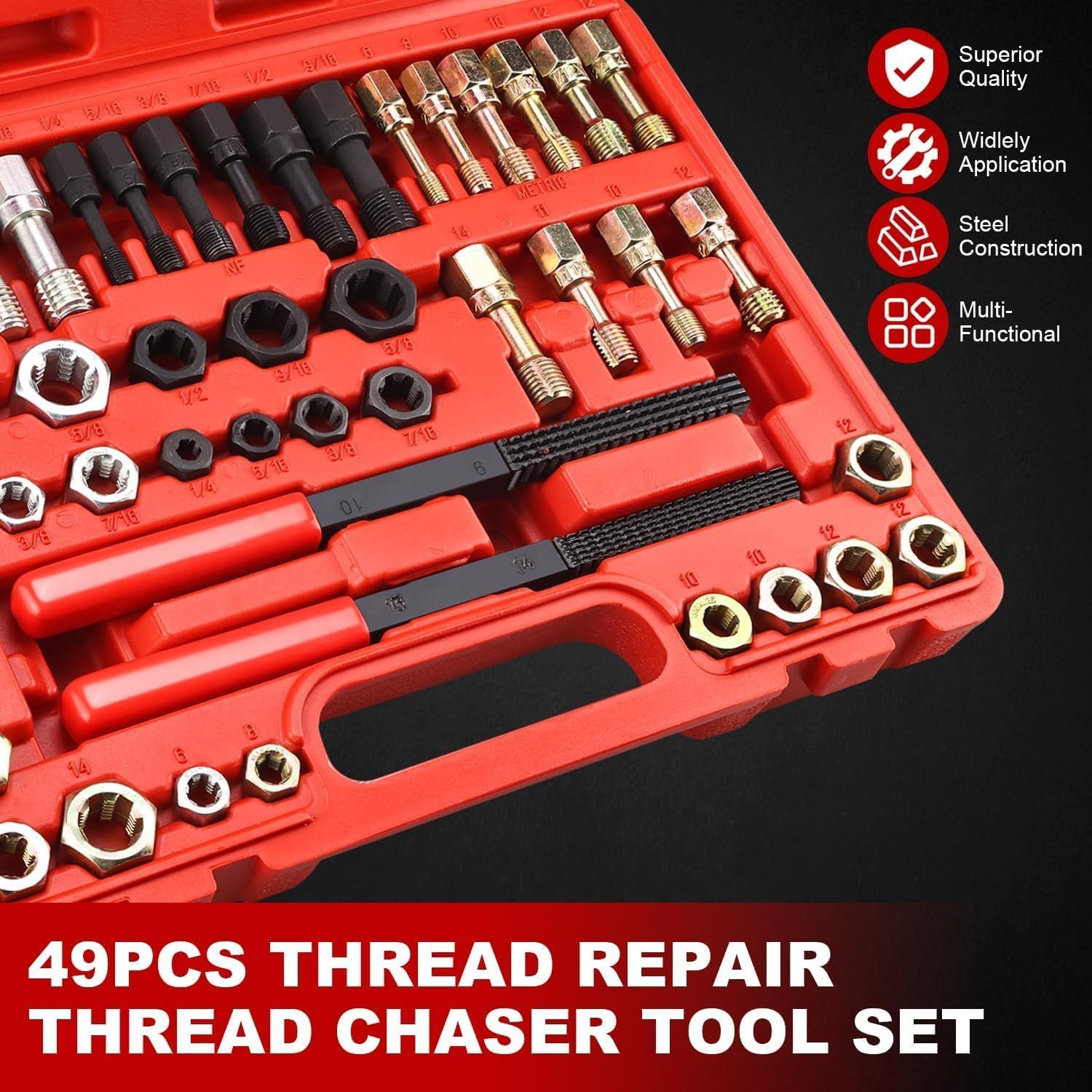 49Pcs Thread Chaser Set Metric SAE Thread Repair Restorer Tool Rethreading Kit