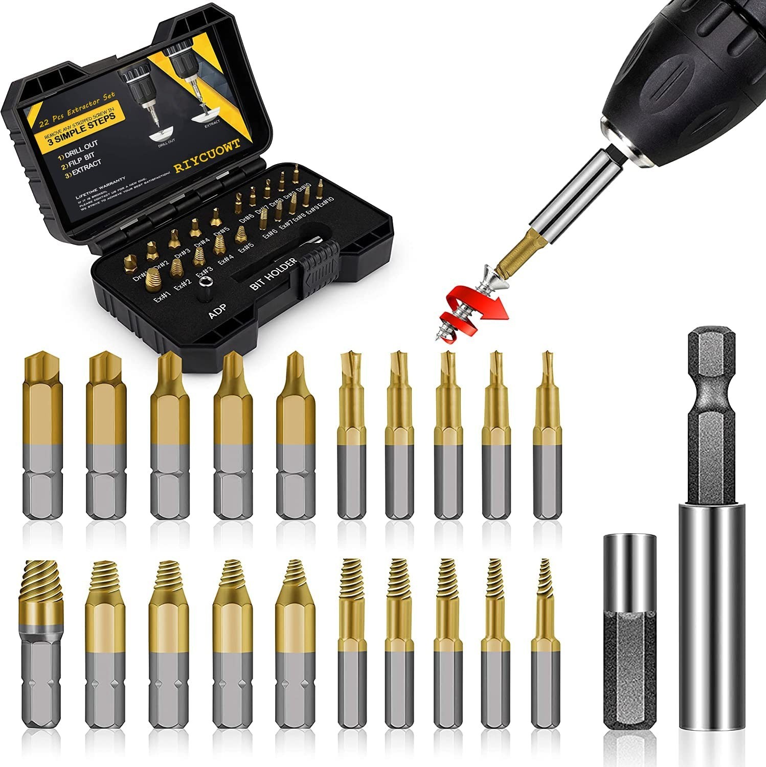 22Pcs Titanium Screw Extractor Set – Remover for Stripped Screws, Nuts & Bolts,