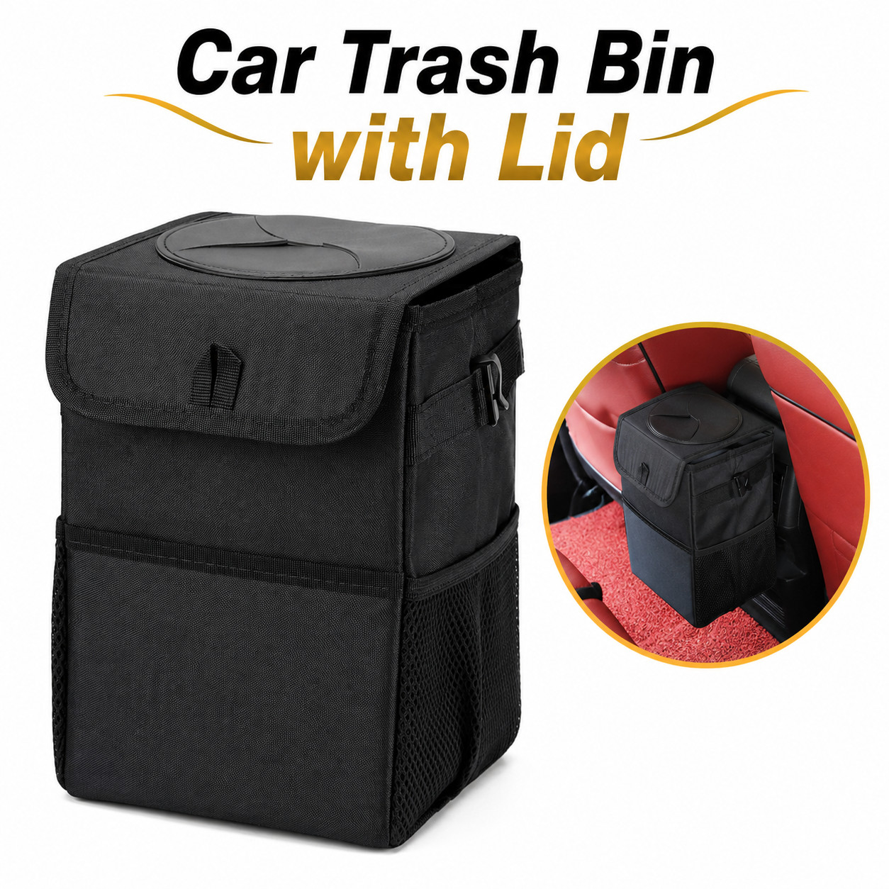 Car Trash Bin with Lid Collapsible Leakproof Auto Garbage Storage Organizer Blac