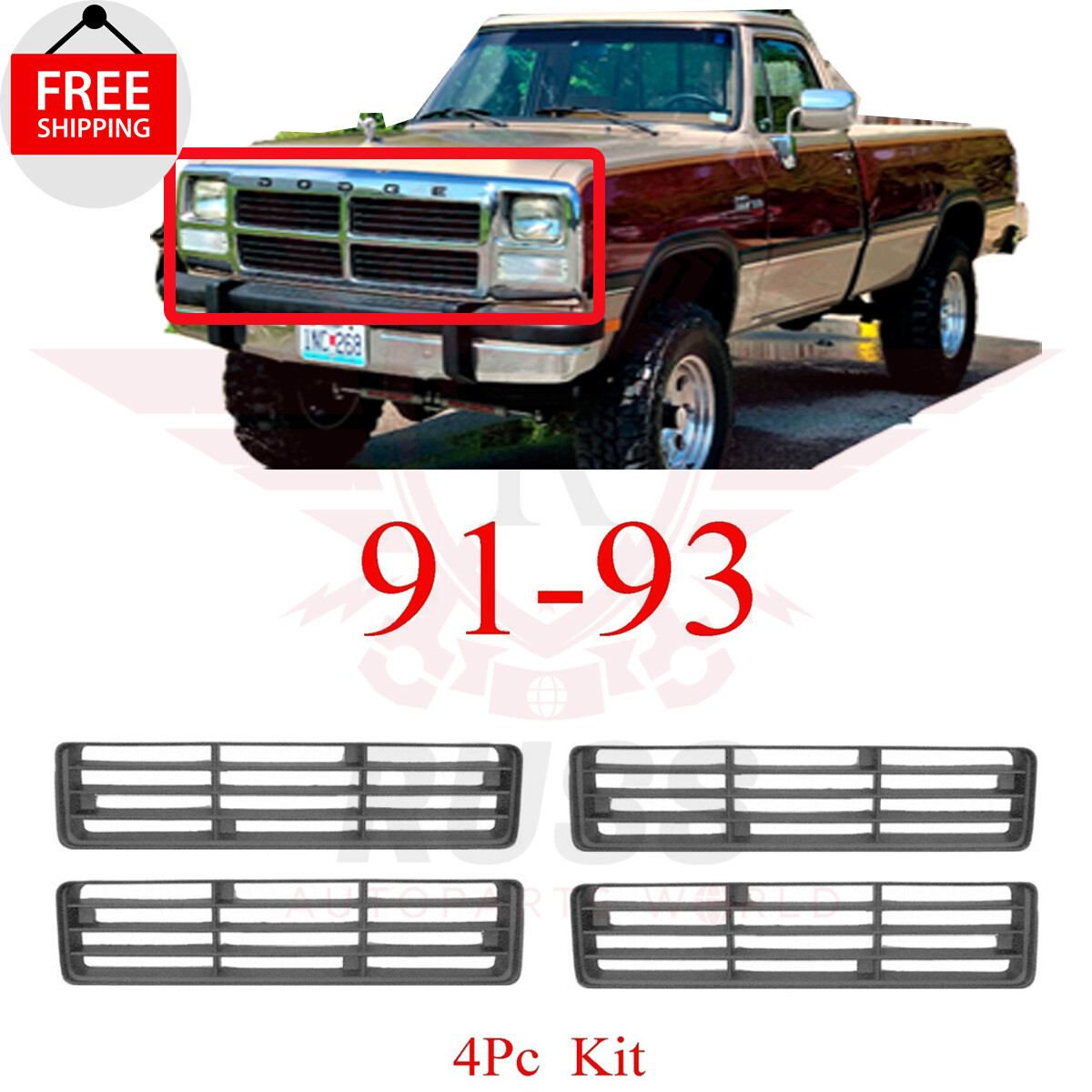Fits 1991-93 Dodge Grill Inserts Ram Truck Left Right Upper Lower All 4 Included