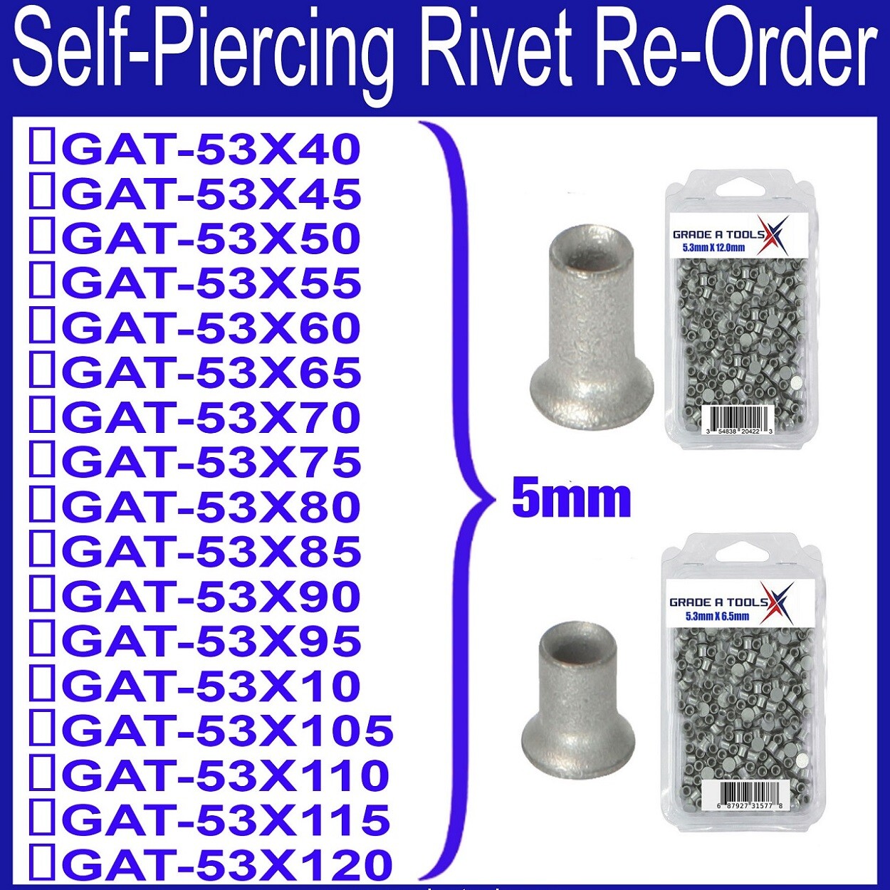 5mm Self Piercing Rivets – Aluminum Auto Body Repair – 100 Count Packs
