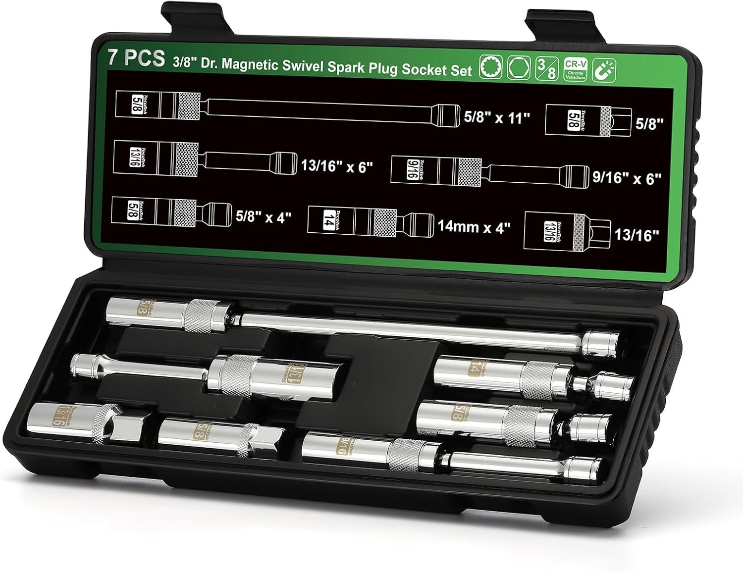 7Pc 3/8″ Drive Magnetic Swivel Spark Plug Socket Set CR-V 5/8 13/16 14mm