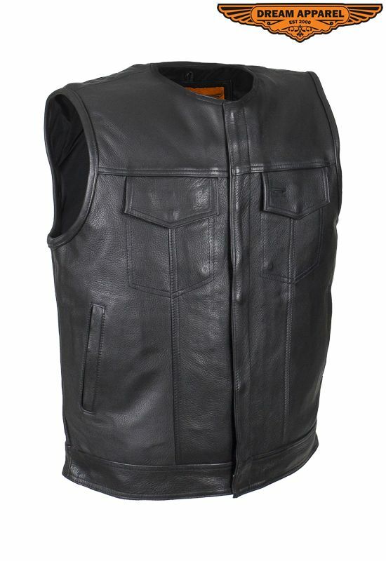 Men’s Motorcycle Leather Vest Zippered & Button-Snap Front Closure w/ Pockets