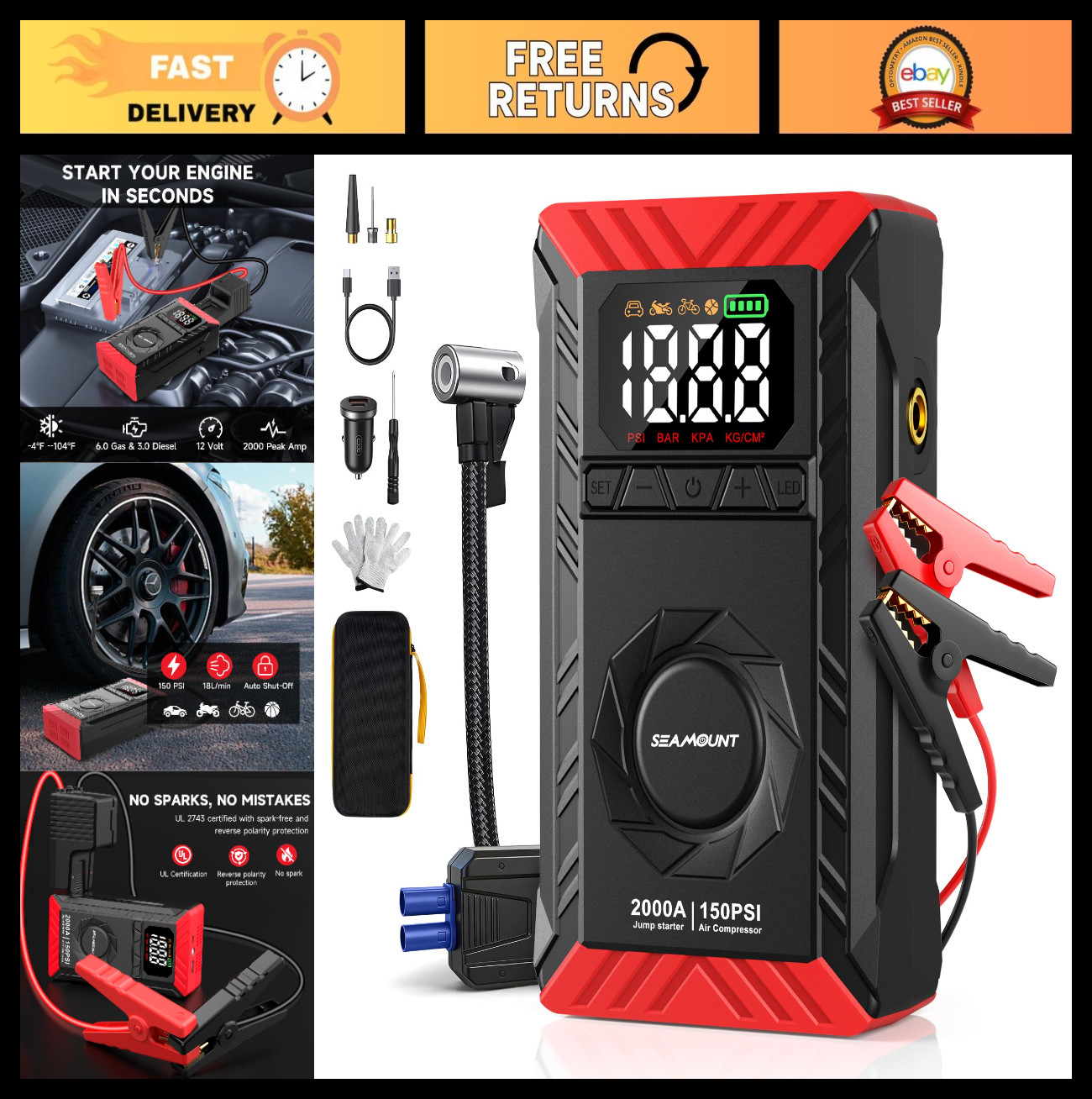 10-in-1 Portable Jump Starter & Air Compressor, 12V Battery Booster Pack, LED Fl