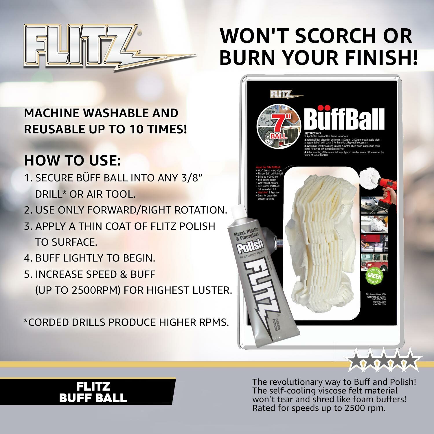 FLITZ EXTRA LARGE 7″ BUFF BALL w/1.76oz Metal, Plastic & Fiberglass Polish