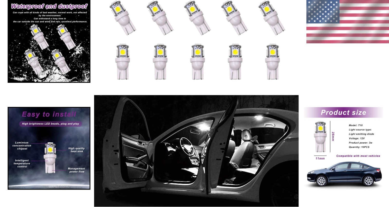 10 Pack T10 5SMD LED Car Bulb Kit – Safe & Bright Interior Lighting Solution
