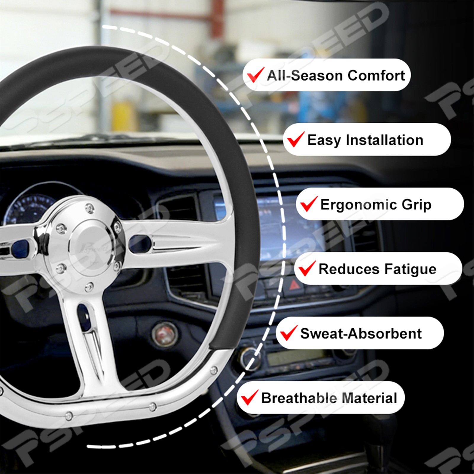 D-Shape 14″ 6-Bolt Car Truck Steering Wheel Microfiber Leather Wrap Chrome Spoke