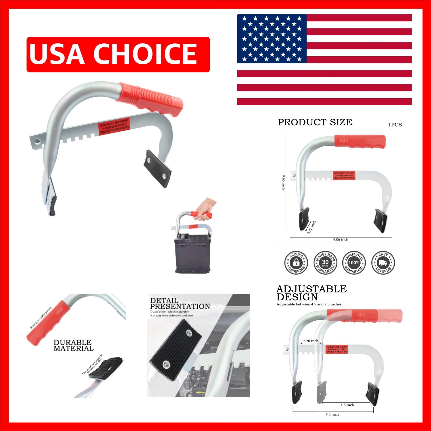 Ergonomically Designed Car Battery Carrier with Adjustable Grip & Non-Slip Feet