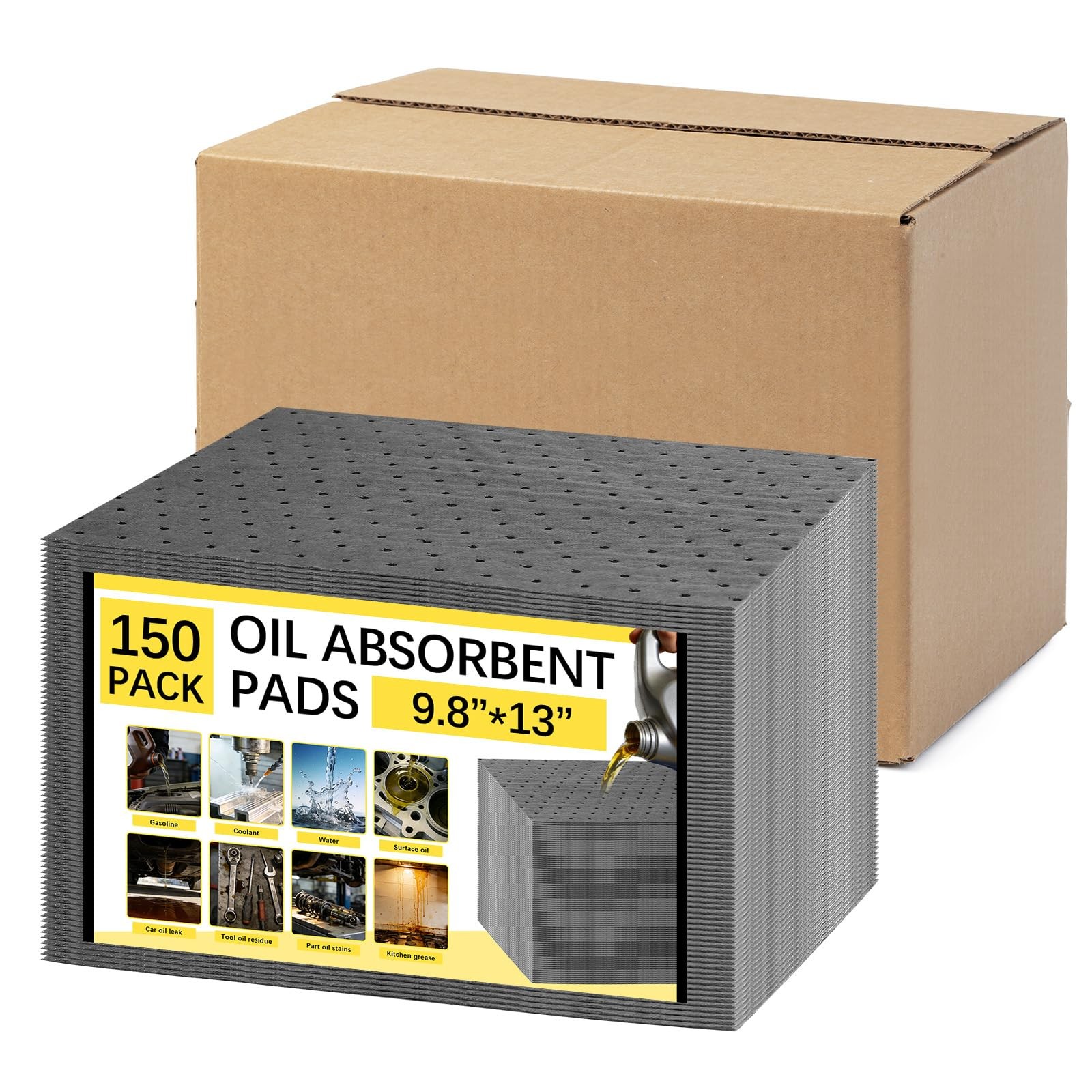 150 Pack Oil Absorbent Pads, Polypropylene oil 9.8” x 13”, Gray, 150 Pcs