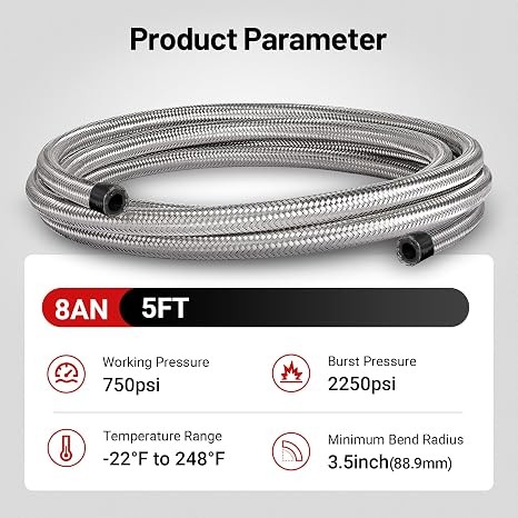 8AN Fuel Line 5FT Braided Nylon CPE Rubber Stainless Steel Fuel Hose Silver