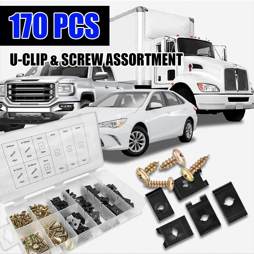 170PCS Automotive Screws and Clips Assortment Kit, Car U-Clip One Size, Black