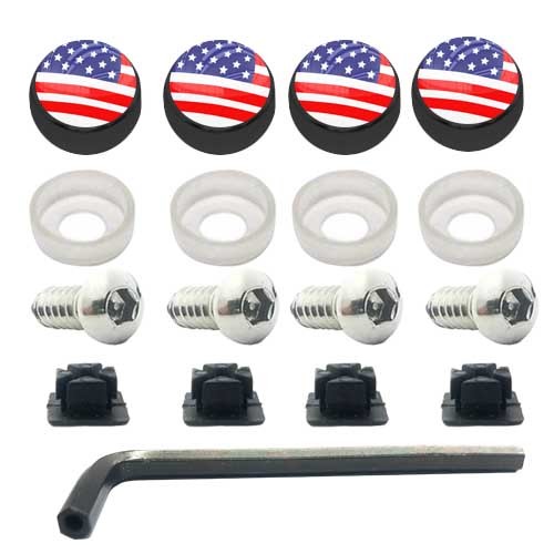 ANTI THEFT LICENSE PLATE SECURITY SCREWS STAINLESS + BLACK USA AMERICAN FLAG CAP