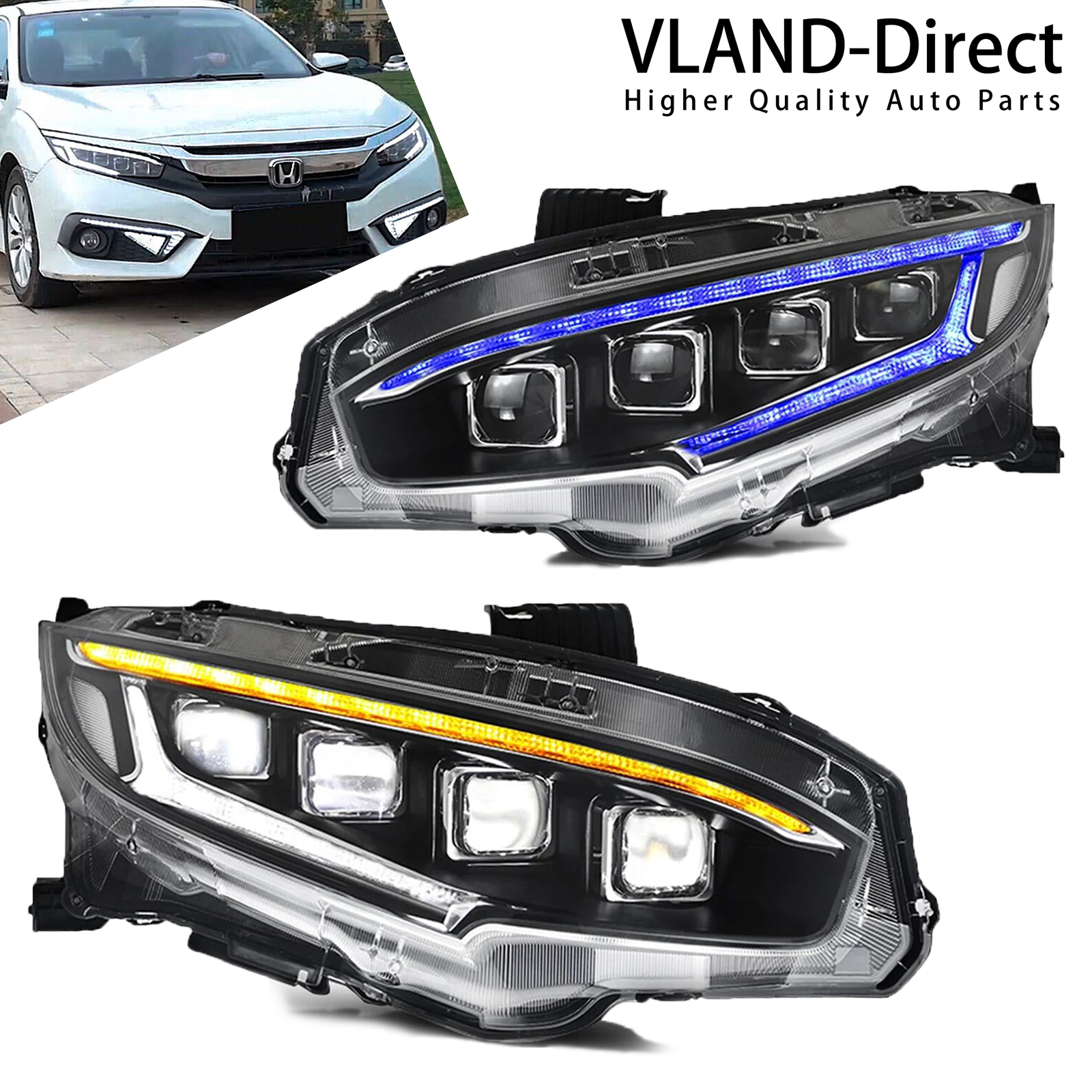 VLAND LED Projector Headlights For Honda Civic 2016-21 w/Startup Animation Pair