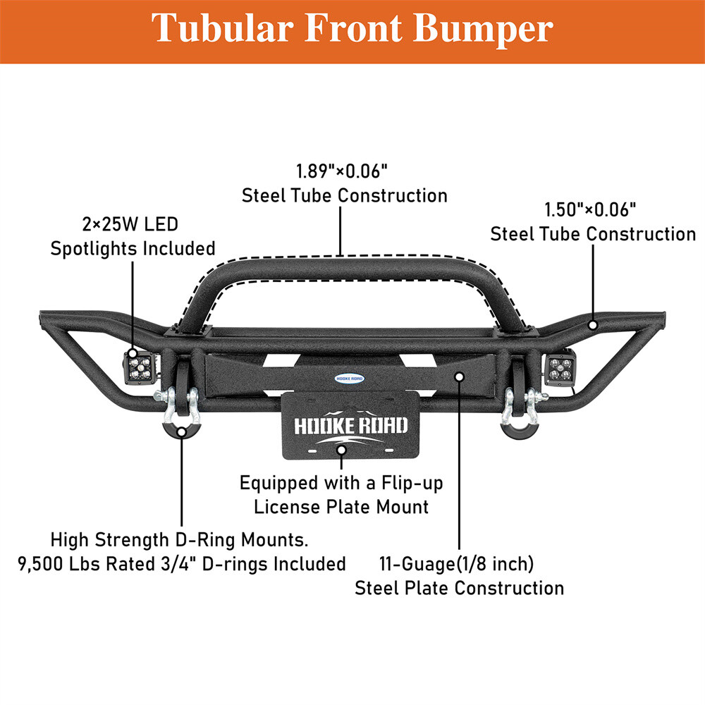 Hooke Road Fit 97-06 Jeep Wrangler TJ Front Bumper Reinforcement Textured Steel