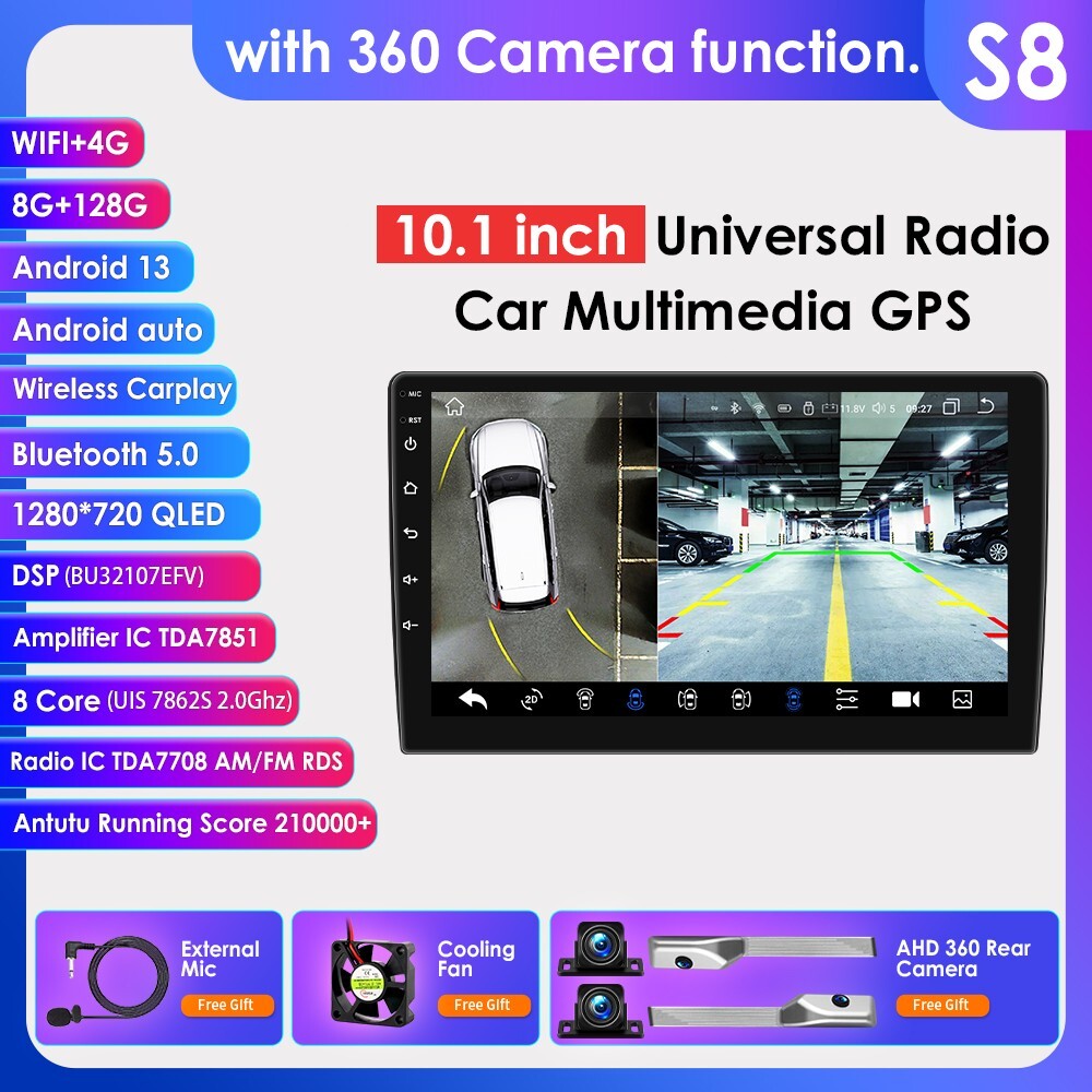 Upgrade 10.1″ 8 Core 8+128GB Car Stereo Radio Carplay with 360 Panoramic Camera