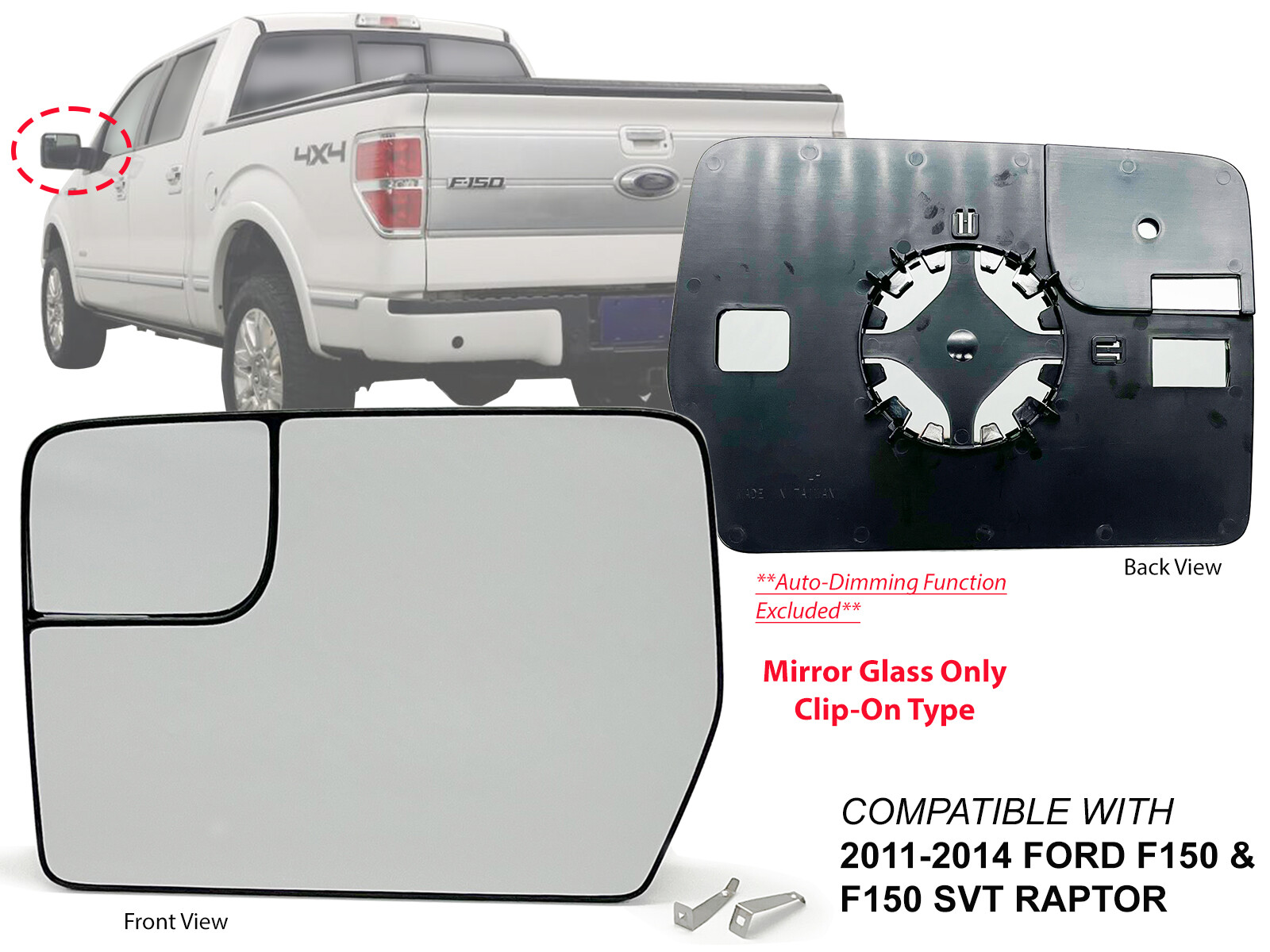 For Mirror Glass with Spotter Mirror Non-Heated 2011-2014 FORD F-150 Driver Side
