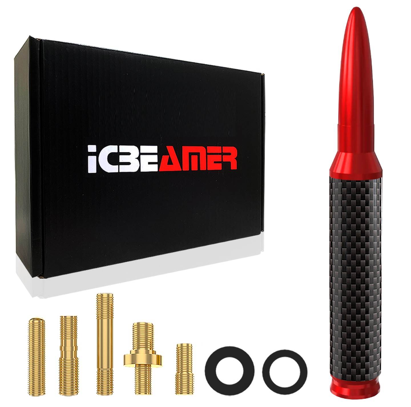 ICBEAMER Red 50 Cal Bullet-Style 5.5″ Carbon Fiber Antenna for Trucks