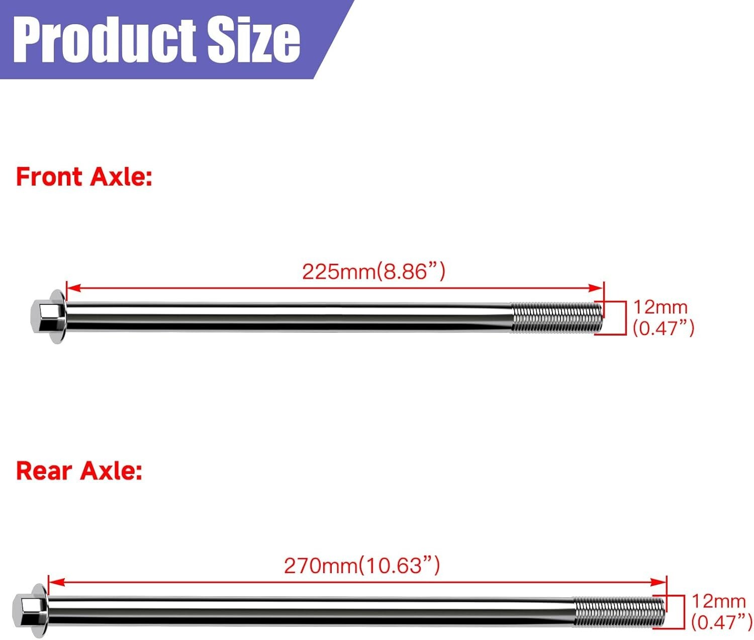 12mm 270mm Rear Axle + 225mm Front Wheel Axle Nut Bolt For CT100U 97cc Mini Bike