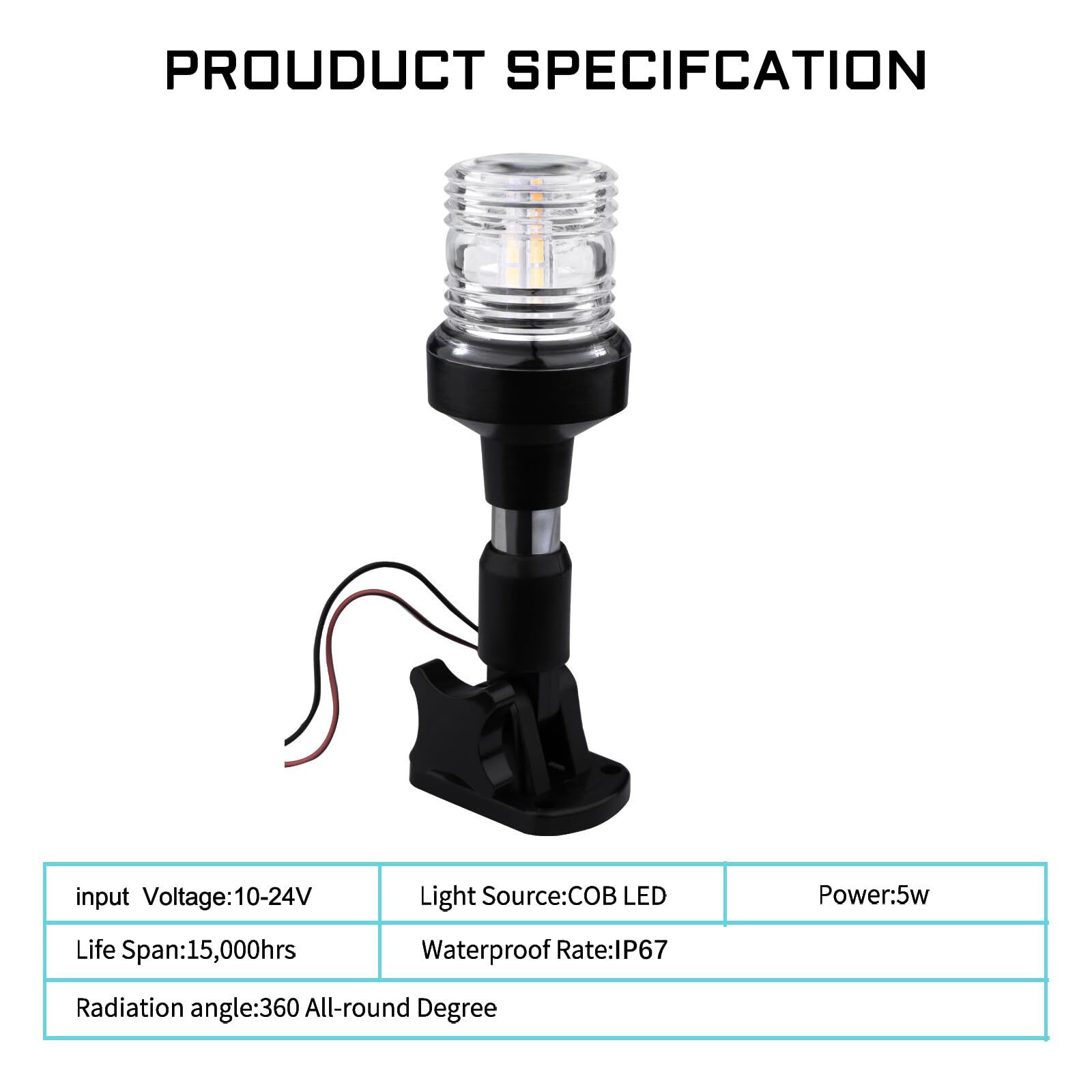 Boat Anchor Light White LED Stern Light for 12-24V Marine Use 3NM