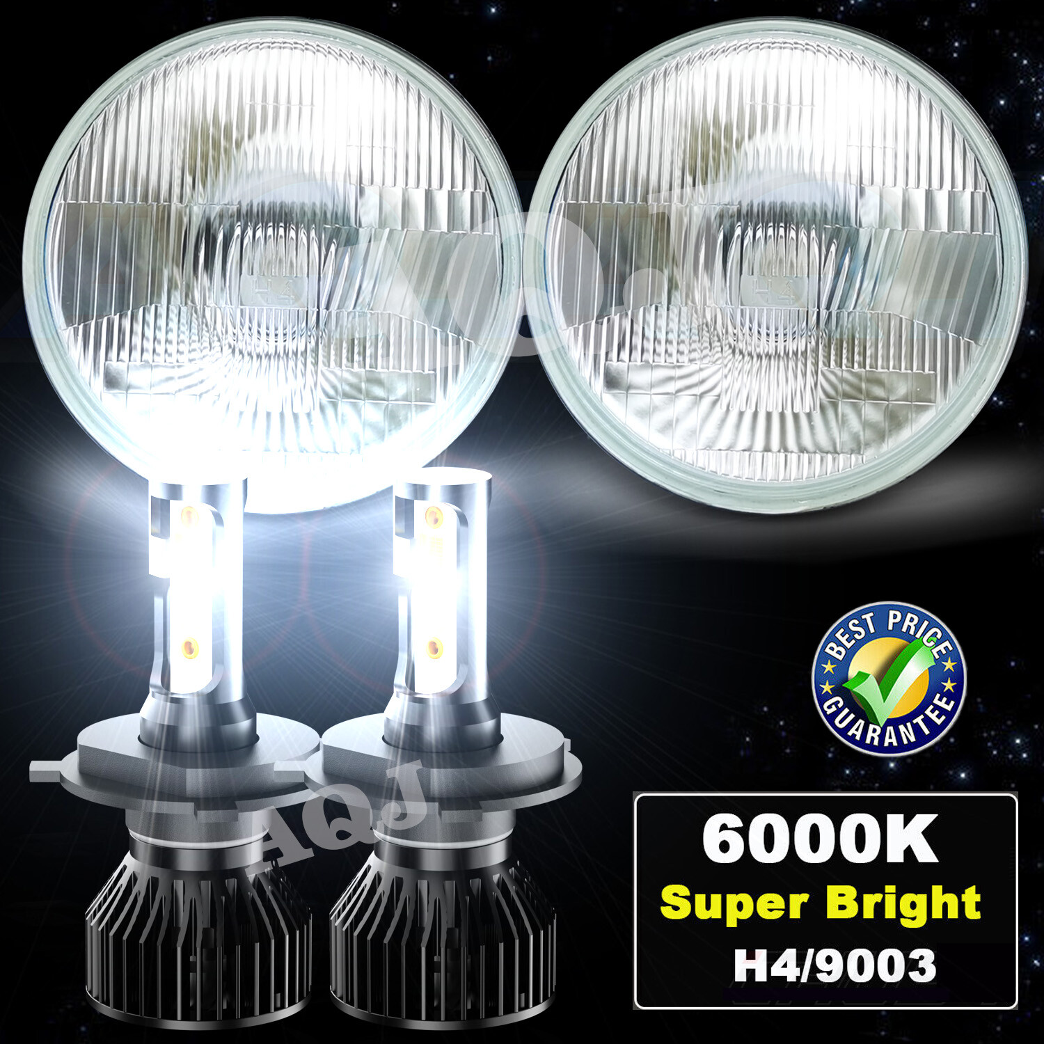 7″ Stock Style H4 Glass Headlight LED 12000Lm 100W Light Bulb Headlamp Pair