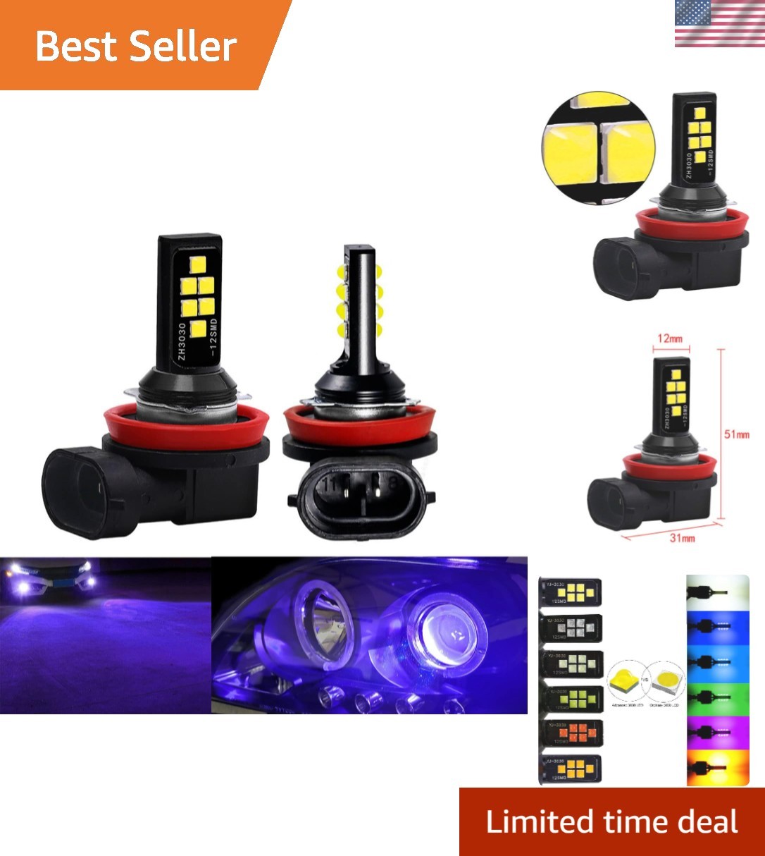 High Efficiency H11 H8 LED Fog Light Bulbs – 50,000 Hours Lifespan, Easy Install