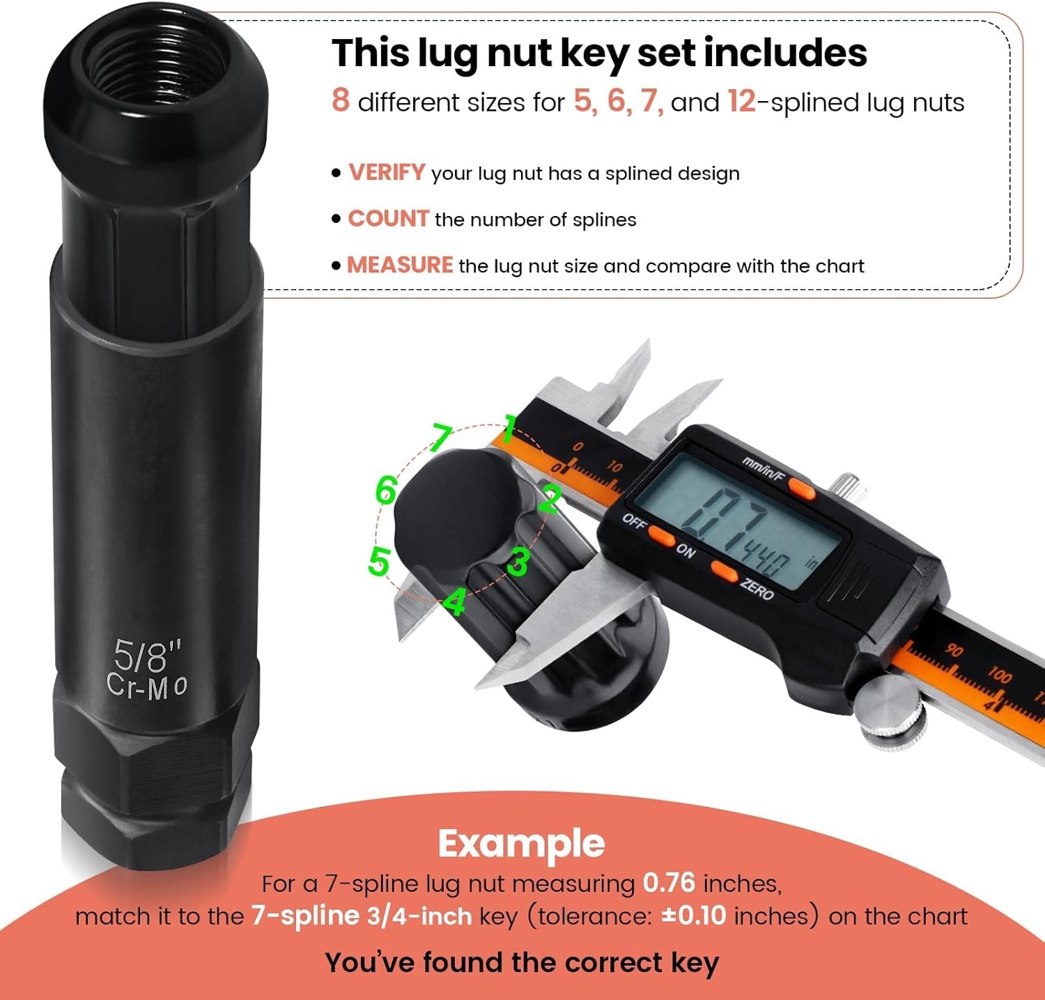 REBRA 6 Spline & 7 Lug Nut Socket Set, Drive Wheel Lock Key, 8-Pieces