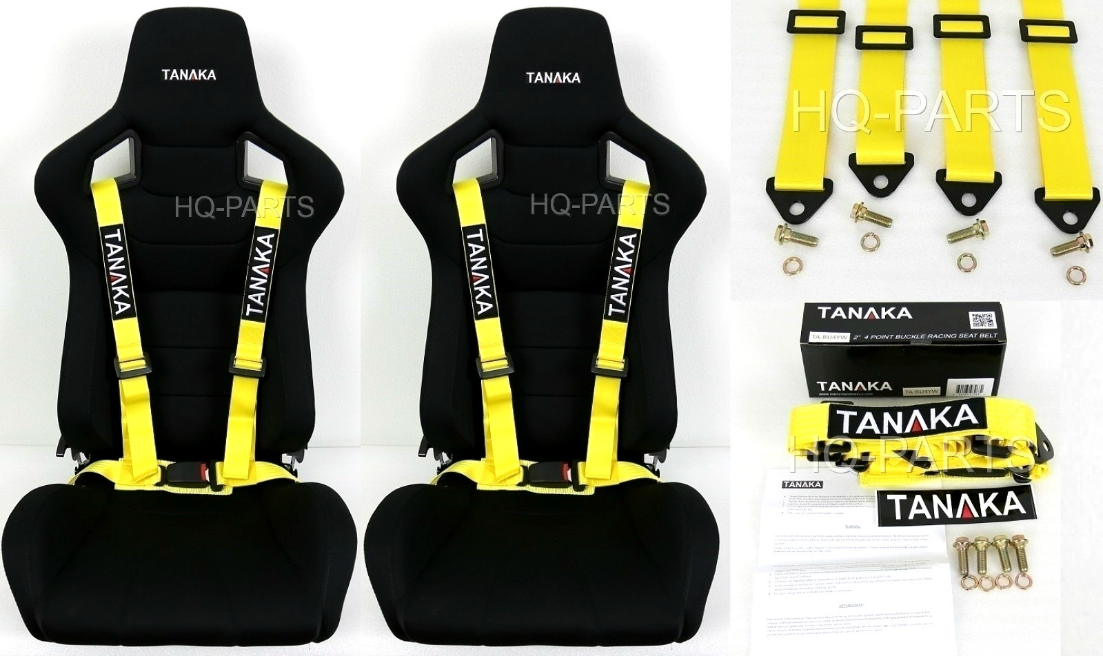 2 X TANAKA UNIVERSAL YELLOW 4 POINT BUCKLE RACING SEAT BELT HARNESS