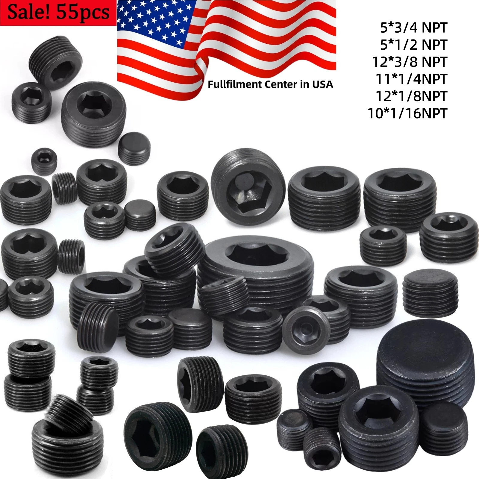 55pcs NPT Pipe Plug Set Assortment Kit 1/16 1/8″ 1/4″ 3/8″ 1/2″ 3/4″ NPT PLUGS