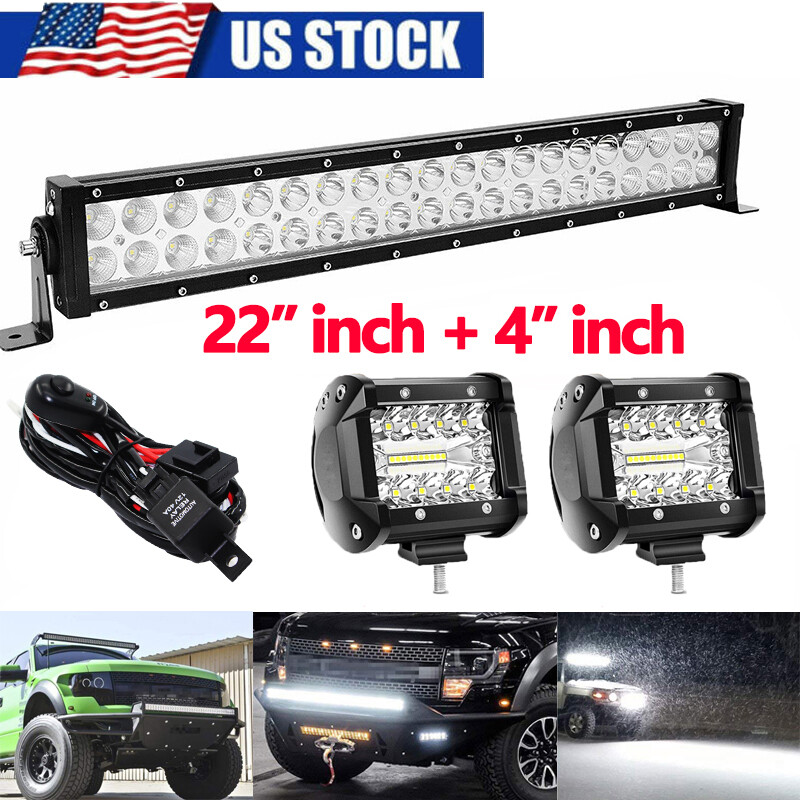 For Jeep Truck SUV 22inch LED Light Bar Spot Flood Combo +4″ Pods Offroad Wiring
