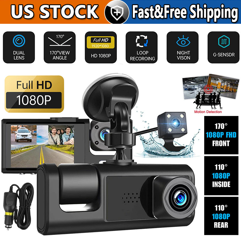 Car Dual Lens Dash Cam HD 1080P Front/Rear/Inside Video Recorder Camera G-Sensor