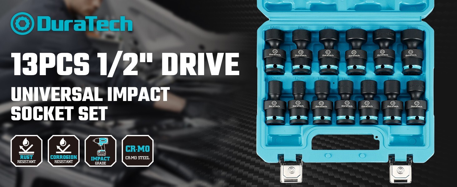 DURATECH 13PC 1/2″ Impact Swivel Socket Set 10-24mm Shallow Wobble Socket Metric