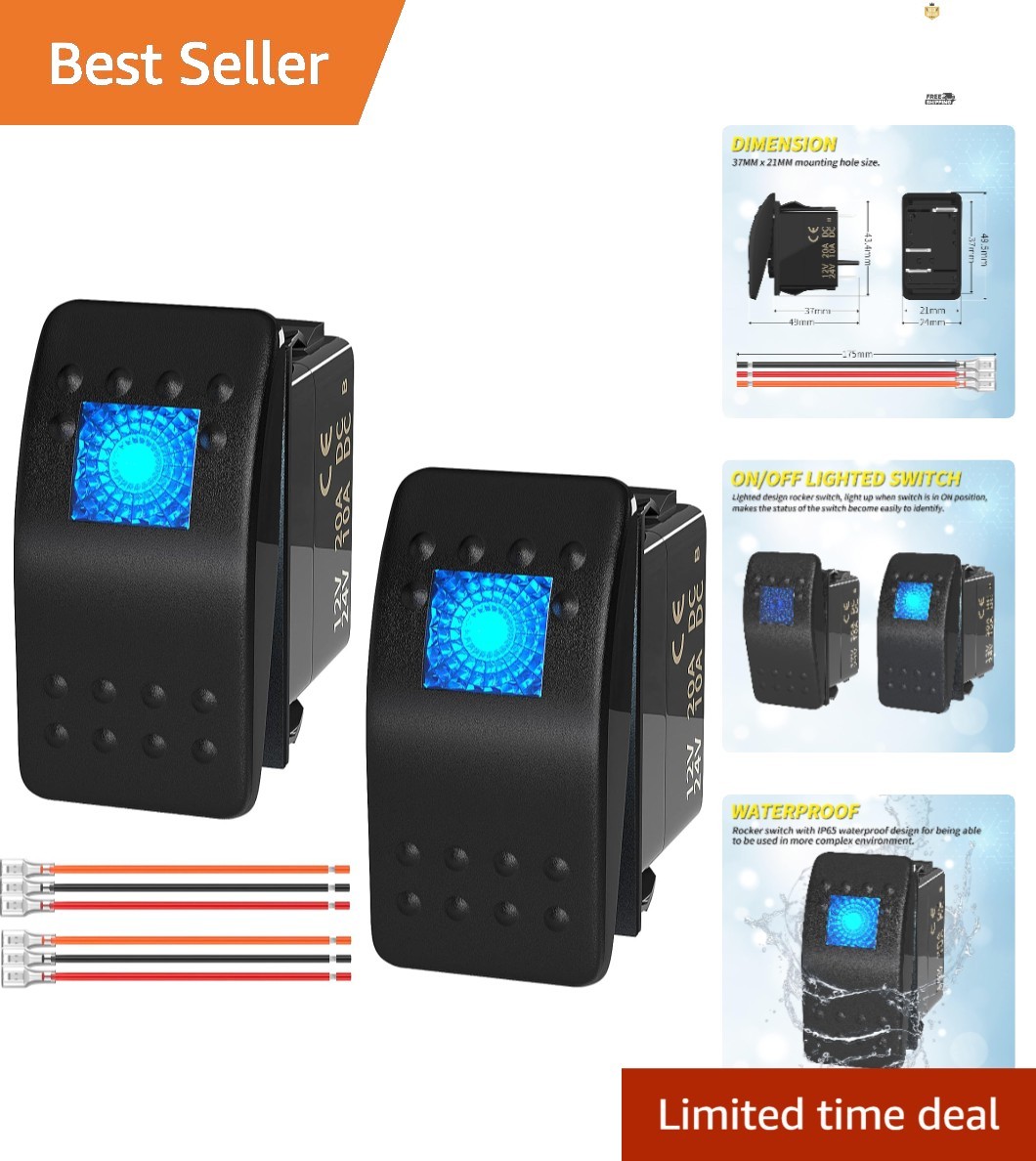 Blue LED Rocker Switch – 12V 20A Waterproof Marine-Grade Switch for Boats & More