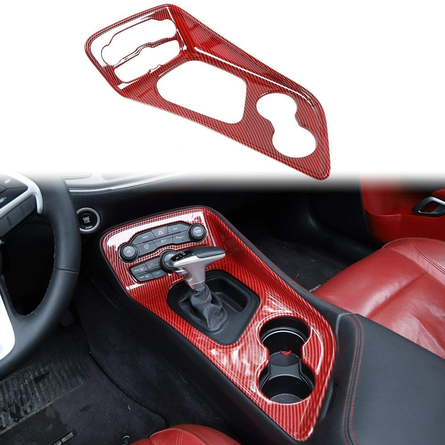 16PCS Red Carbon Fiber Center Interior Dash Trim Kit for Dodge Challenger 2015+