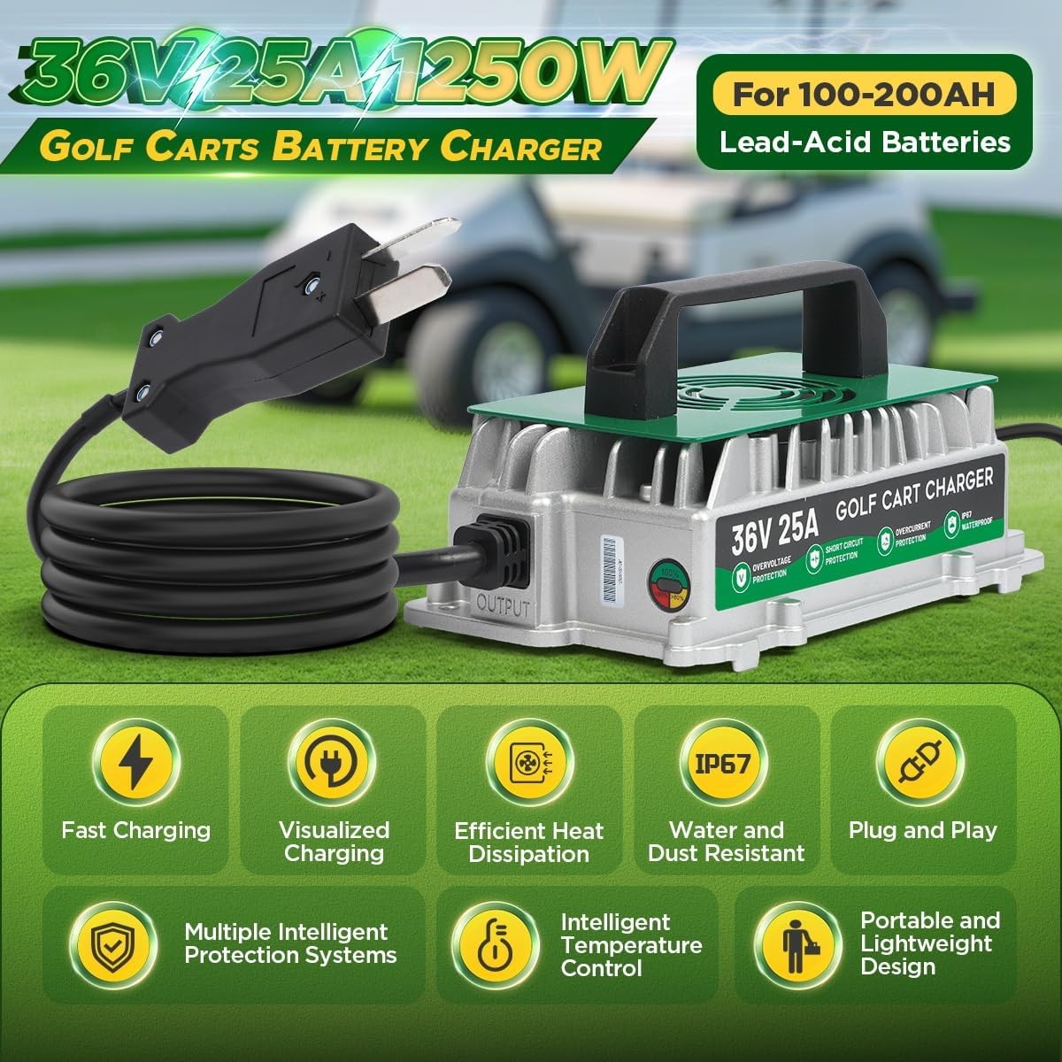 36V 25A Golf Cart Battery Charger for EZGO Yamaha Club, Lead-Acid Batteries