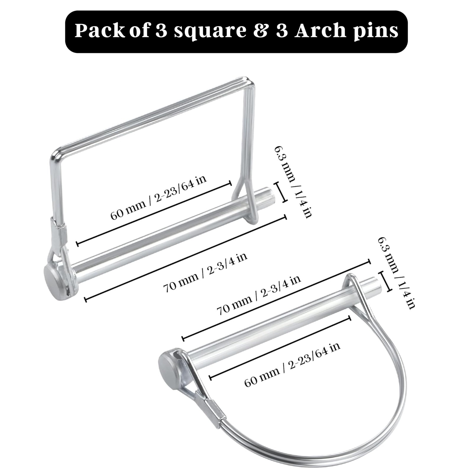 Pack of 06 Trailer Pins – 2-3/4″ x 1/4″ (L x W) PTO Pins Lock Lock Pins Towing