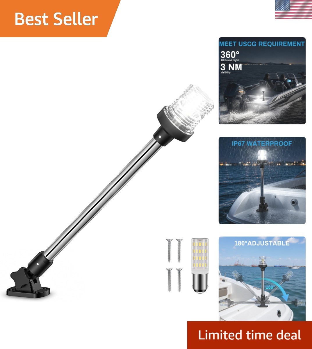 180° Fold-Down Boat Stern Light – 63 LEDs, Waterproof, 3NM Visibility