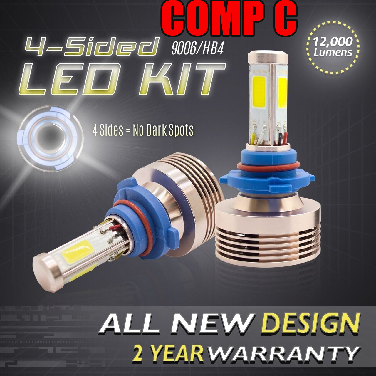 120W 12000LM LED 360 4-Sided Conversion Kit 6000K Headlight Bulbs – 9006 HB4 (C)