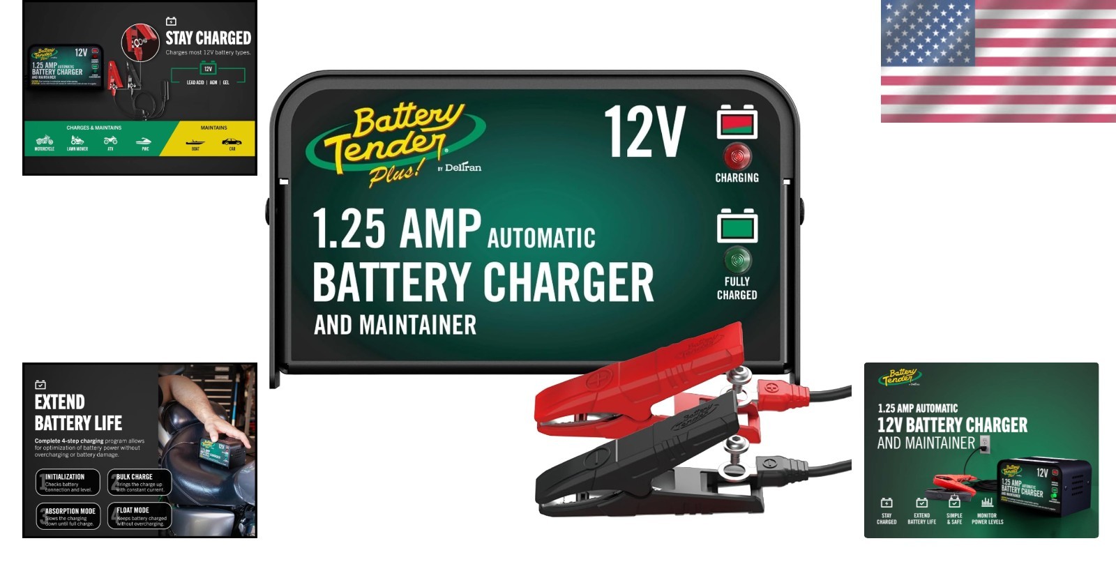 Compact 12V Battery Charger: 1.25A Smart Maintainer for Automotive Use