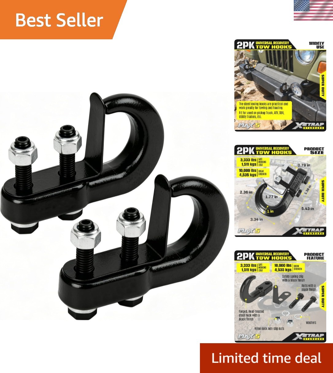 2PK Universal Forged Steel Tow Hooks 10000LBS – Easy Bolt-On Installation