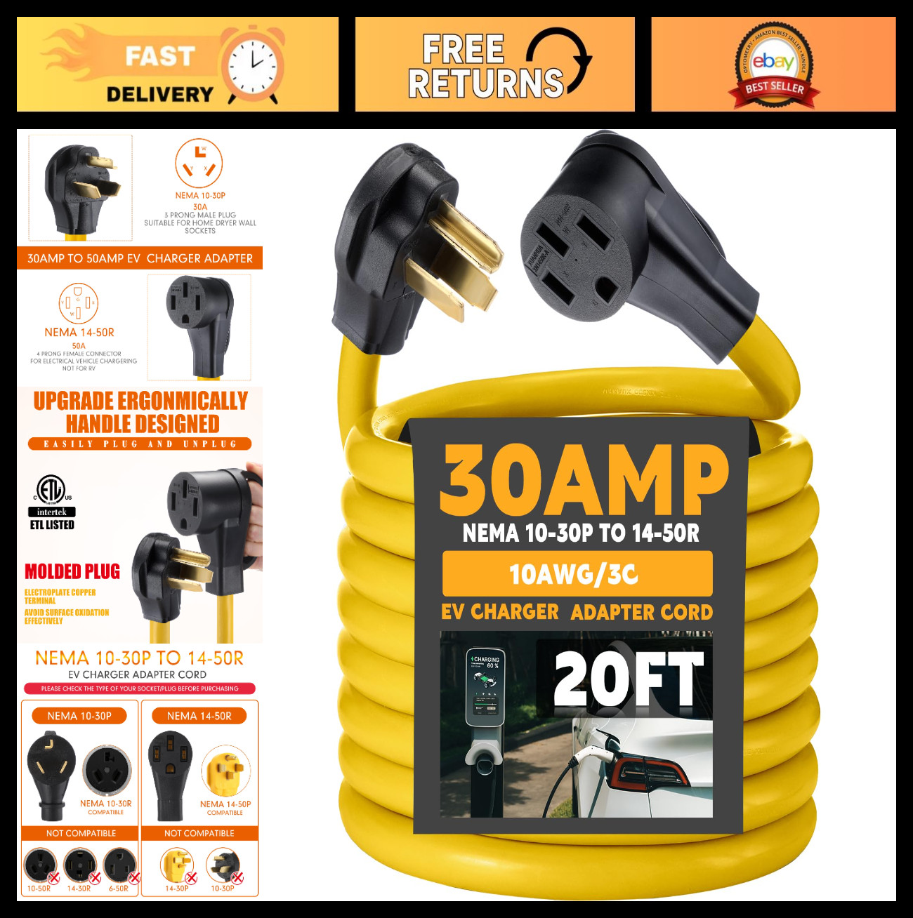 20ft EV Charger Extension Cord NEMA 10-30P to 14-50R, 3 Prong Dryer Outlet, ETL