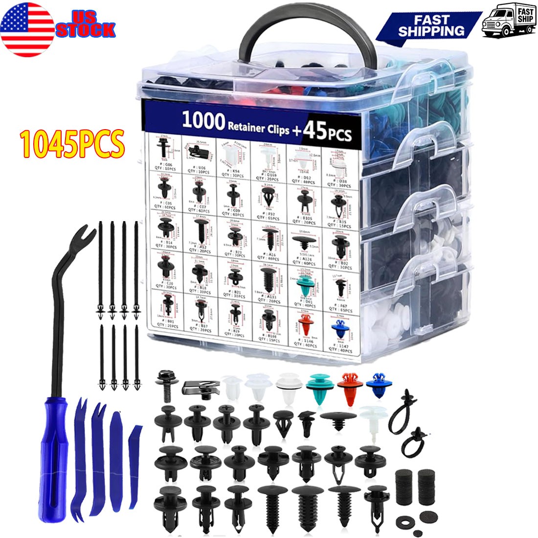 1045Pcs Car Retainer Clips and Auto Fasteners Assortment-30 Most Popular Sizes